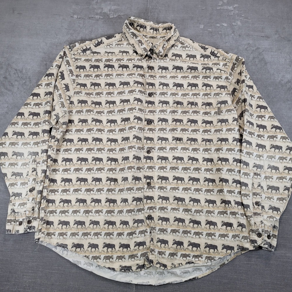 Woolrich Vintage Mens XL Moose Print Long Sleeve Button‎ Down Shirt Outdoor